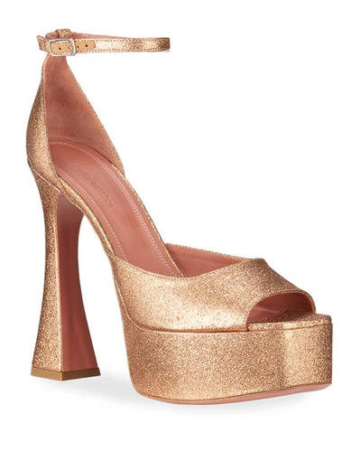 Amina Muaddi Bianca Platform Glitter Ankle-wrap Sandals In Beige