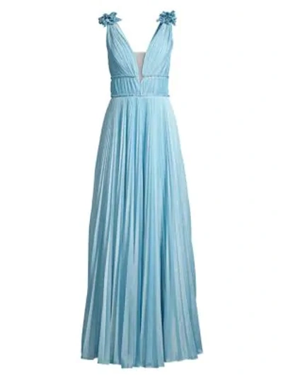 Basix Black Label Pleated Metallic A-line Gown In Soft Blue