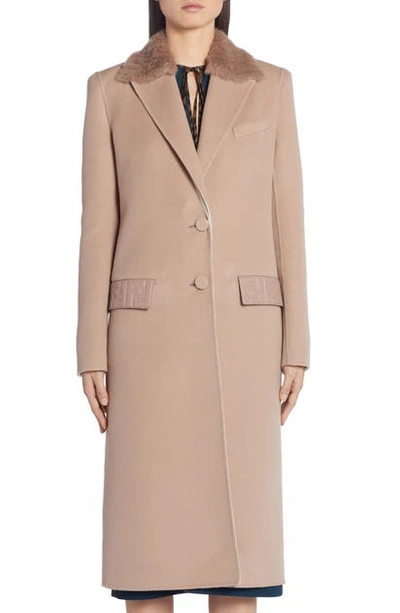Fendi Ff Logo Double Face Cashmere Coat With Removable Genuine Mink Fur Collar In Beige