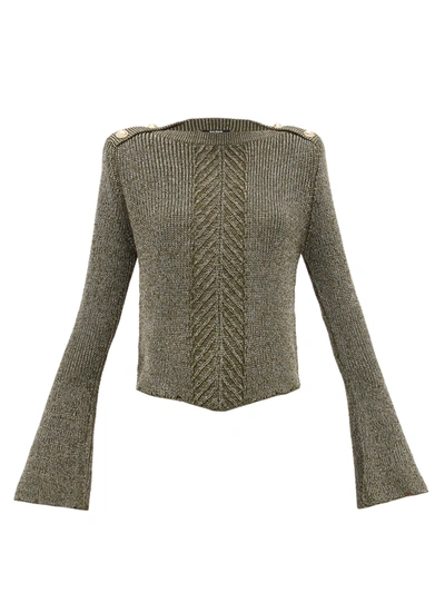 Balmain Flare Sleeve Metallic Cable Crop Sweater In Kaki