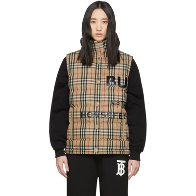 Burberry Sterling Horseferry Print Vintage Check Down Puffer Vest In Beige,black,red