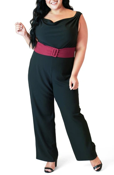Maree Pour Toi Plus Size Belted Cowlneck Jumpsuit In Black