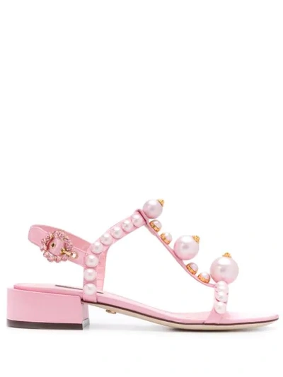 Dolce & Gabbana Bejeweled Satin Sandals With Pearl Embroidery In Pink