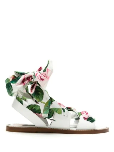 Dolce & Gabbana Patent Leather And Poplin Tropical Rose Print Sandals In White