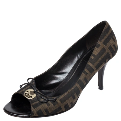 Pre-owned Fendi Brown Zucca Canvas Bow Peep Toe Pumps Size 38