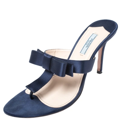 Pre-owned Prada Blue Satin Fuoco Bow Thong Sandals Size 39
