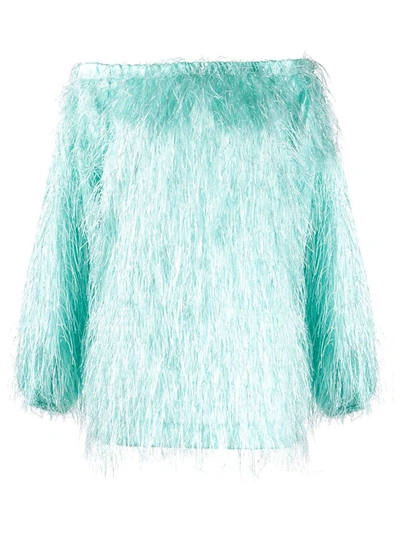 Rotate Birger Christensen Gloria Feather Off-the-shoulder Dress In Blue