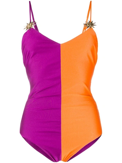 Fausto Puglisi Colour Block Embellished Swimsuit In Purple