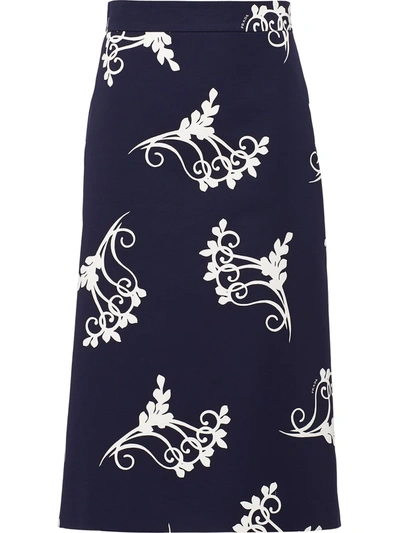 Prada Scroll Print A-line Midi Skirt In Blue
