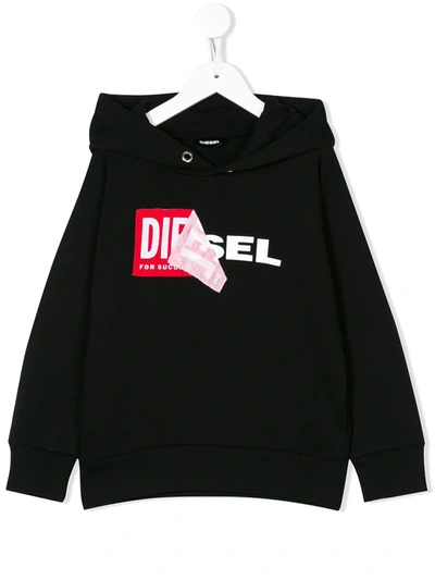 Diesel Kids' Label Logo Hoodie In Black