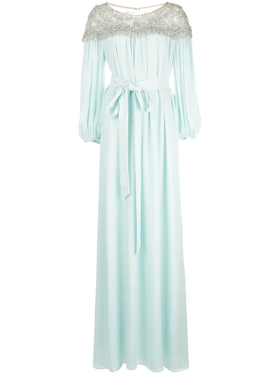 Marchesa Crystal And Pearl Embellished Silk-georgette Caftan Dress In Blue