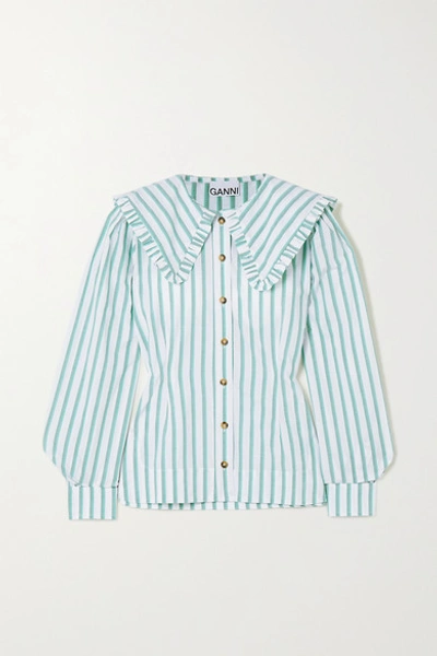Ganni Ruffled Collar Striped Cotton-poplin Shirt In Green,white