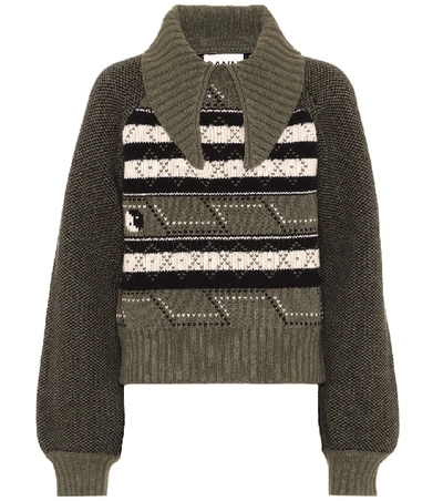 Ganni Tie-neck Fair Isle Wool-blend Sweater In Green