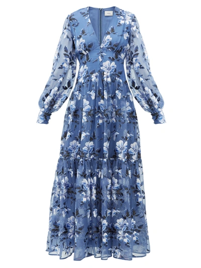 Erdem Tabetha Floral-embroidered Silk-organza Gown In Blue