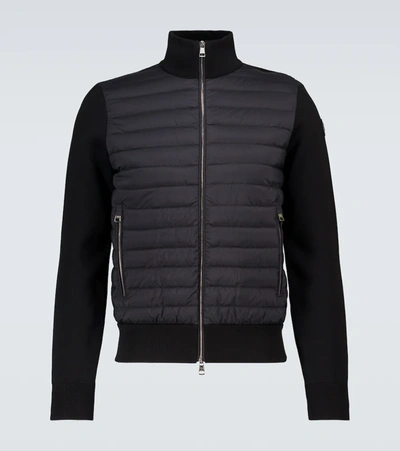 Moncler Maglione Quilted Down And Cotton-blend Cardigan In Black