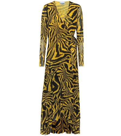 Ganni Animal-print Mesh Wrap Dress In Yellow