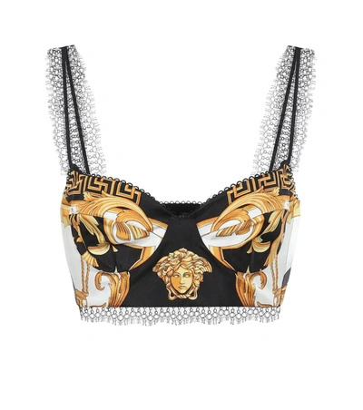 Versace Lace-trimmed Printed Silk-twill Bustier Top In Black