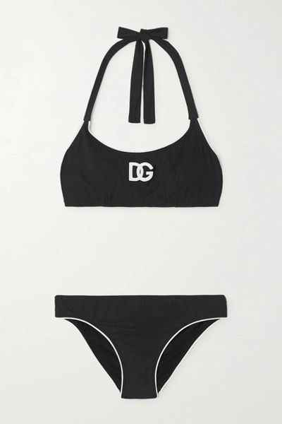 Dolce & Gabbana Appliquéd Two-tone Halterneck Bikini In Black