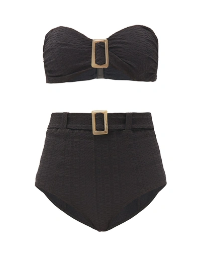 Lisa Marie Fernandez + Net Sustain Embellished Belted Seersucker Bikini In Black