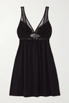 Eberjey Love Me Stretch-modal, Lace And Point D'esprit Tulle Chemise In Black