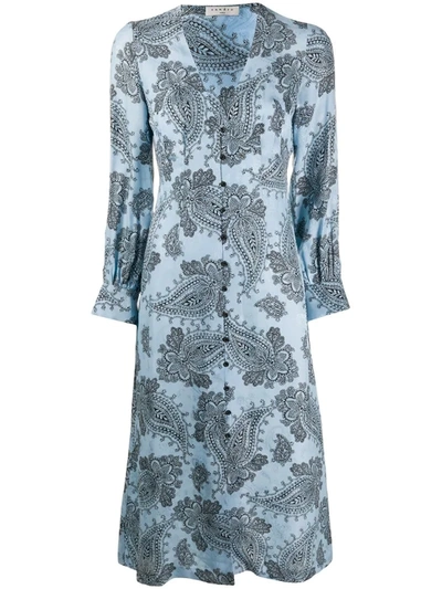 Sandro Paisley Long Sleeve Midi Dress In Blue