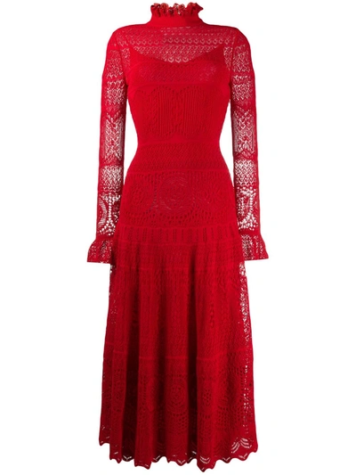 Alexander Mcqueen Ruffled Crocheted Cotton-blend Lace Maxi Dress In Lust Red