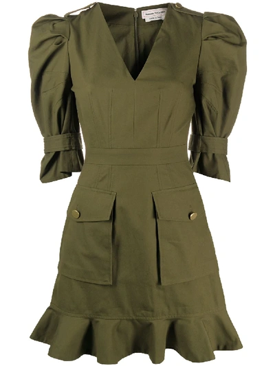 Alexander Mcqueen Puff-sleeve Cotton-canvas Mini Dress In Khaki Green