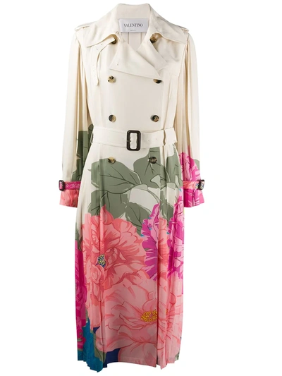 Valentino Camellia Pleated Silk Crepe De Chine Trench In Avorio Fuchsia