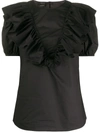 Pinko Ruffle-trimmed Puff-sleeved Blouse In Black