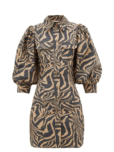 Ganni Puff-sleeve Tiger-print Cotton Shirtdress In Brown