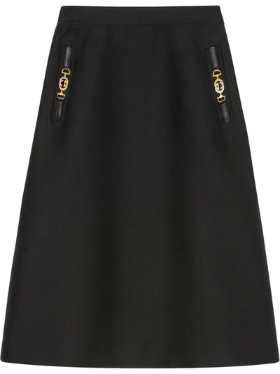 Gucci Horsebit-plaque Silk-blend Crepe Skirt In Black