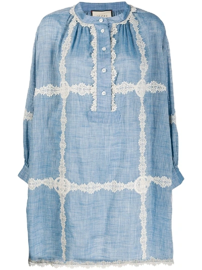 Gucci Gg Lace-trimmed Cotton-chambray Dress In Blue
