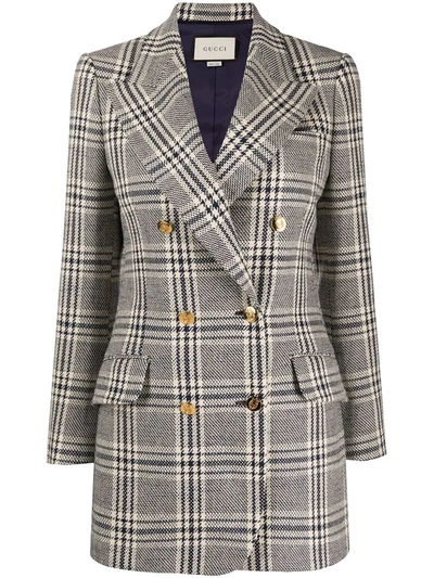 Gucci Checked Wool-blend Double-breasted Blazer In Blue & White