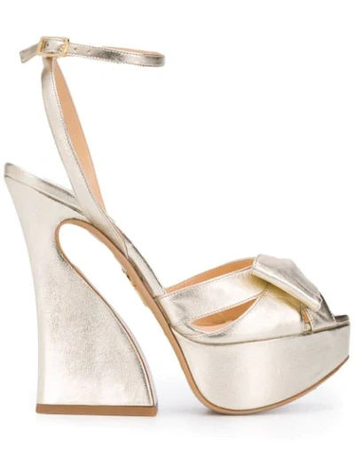 Charlotte Olympia Curved Heel Leather Platform Sandals In Metallic