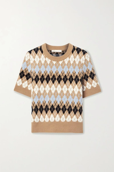 Maje Short Sleeve Wool Blend Argyle Sweater In Brown