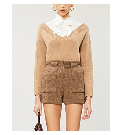 Maje Mirelle Layered Shirt & Wool Blend Sweater Pullover In Camel