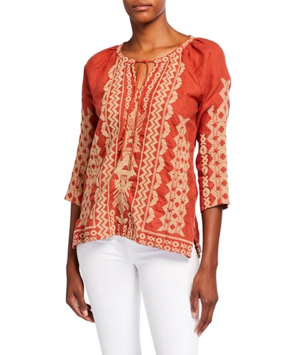 Johnny Was Tracy Embroidered 3/4-sleeve Linen Peasant Blouse In Orange