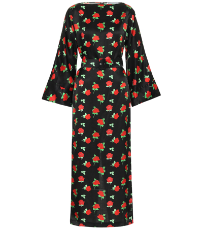 Bernadette Jackie Rose-print Long-sleeve Satin Maxi Dress In Black