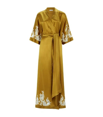 Carine Gilson Long Silk Lace Trim Kimono Robe