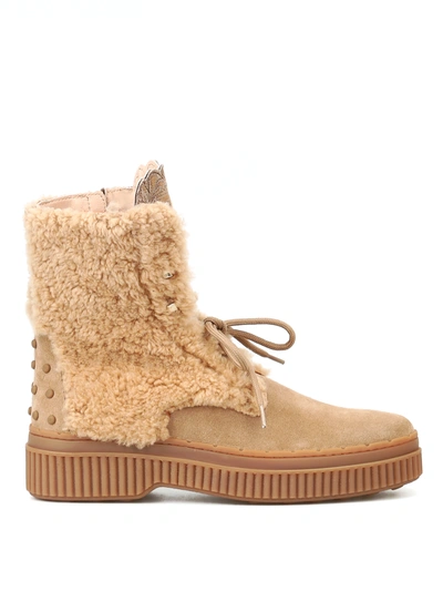 Tod's Embroidered Tongue Suede Ankle Boots In Beige