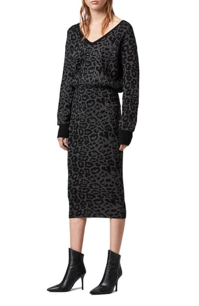 Allsaints Roxanne Metallic Leopard Jacquard Sweater Dress In Charcoal Grey