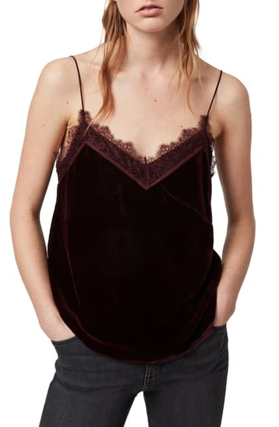 Allsaints Noa Lace Trim Velvet Camisole In Oxblood Red