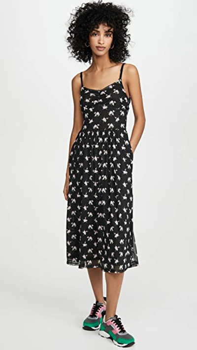 Sandy Liang Misty Floral Mesh Midi Dress In Black Tablecloth