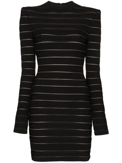 Balmain Sheer Logo Stripe Long Sleeve Sweater Minidress In Black