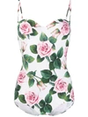 Dolce & Gabbana Ruched Rose Print Halter One-piece Swimsuit In White