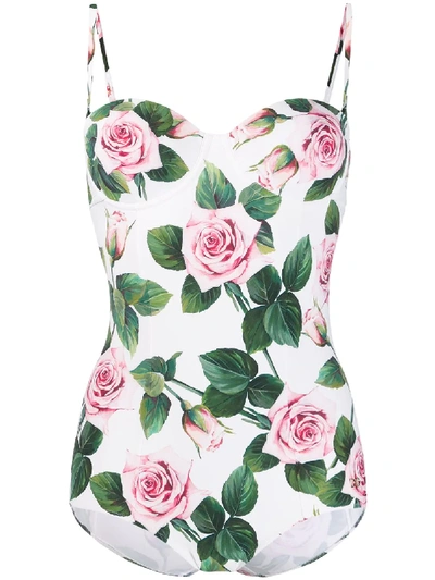 Dolce & Gabbana Ruched Rose Print Halter One-piece Swimsuit In White