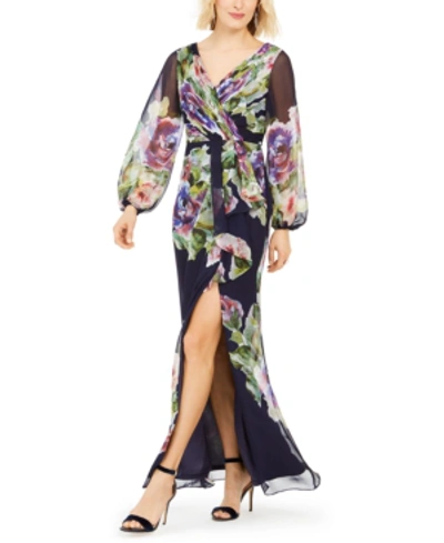 Adrianna Papell Plus Size Floral Chiffon Gown In Navy Multi