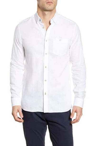 Ted Baker Notip Button-up Linen Blend Shirt In White