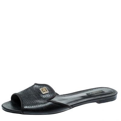 Pre-owned Dolce & Gabbana Black Lizard Leather Flat Slides Size 40.5