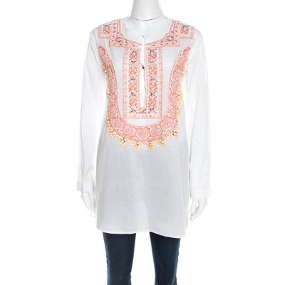 Pre-owned Roberto Cavalli White Cotton Beaded Embroidered Detail Long Sleeve Blouse S